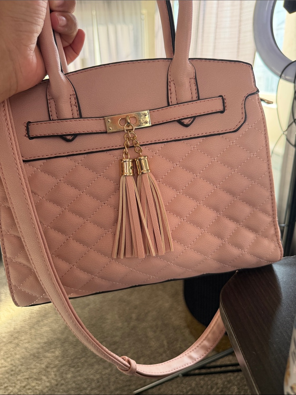 Structured Quilted Tassel Satchel Handbag in Blush Pink